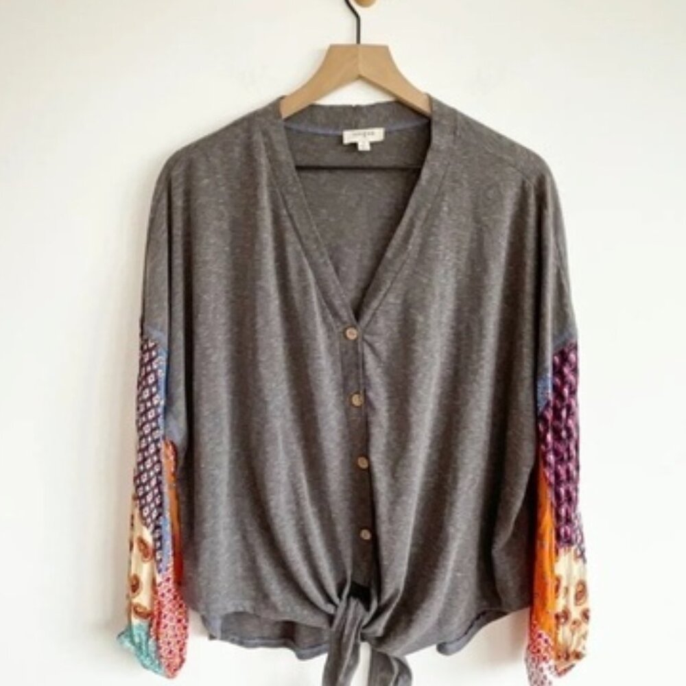 Umgee Boho Women's Top Tie Up Front Scarf Sleeves Over Sized Gray Shirt Blouse S
